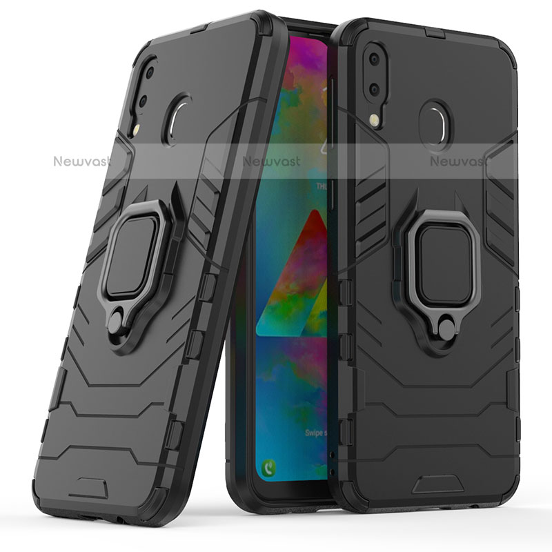 Silicone Matte Finish and Plastic Back Cover Case with Magnetic Finger Ring Stand S02 for Samsung Galaxy M20 Black