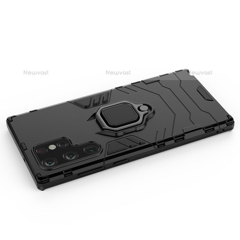 Silicone Matte Finish and Plastic Back Cover Case with Magnetic Finger Ring Stand S02 for Samsung Galaxy S22 Ultra 5G