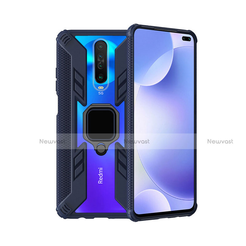 Silicone Matte Finish and Plastic Back Cover Case with Magnetic Finger Ring Stand S02 for Xiaomi Poco X2 Blue