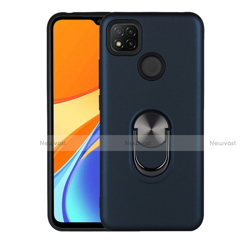 Silicone Matte Finish and Plastic Back Cover Case with Magnetic Finger Ring Stand S02 for Xiaomi Redmi 9 India Navy Blue