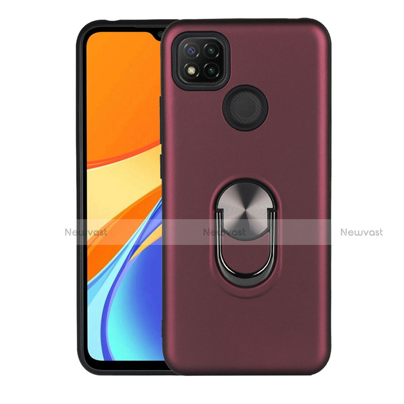 Silicone Matte Finish and Plastic Back Cover Case with Magnetic Finger Ring Stand S02 for Xiaomi Redmi 9 India Red Wine