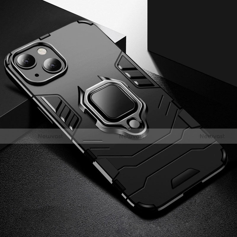 Silicone Matte Finish and Plastic Back Cover Case with Magnetic Finger Ring Stand S03 for Apple iPhone 13 Black