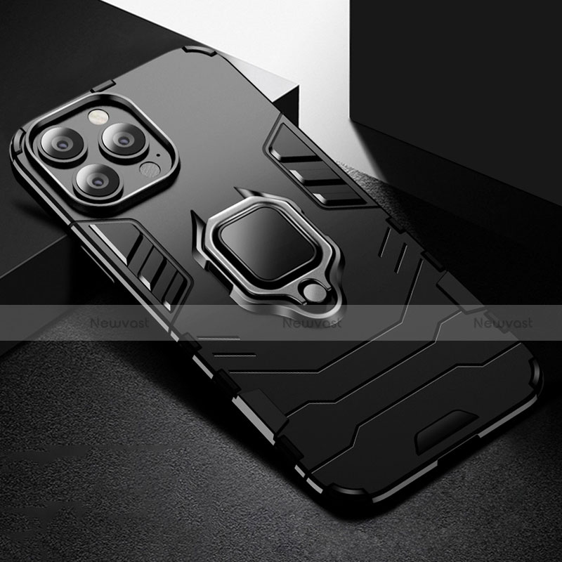 Silicone Matte Finish and Plastic Back Cover Case with Magnetic Finger Ring Stand S03 for Apple iPhone 14 Pro Black