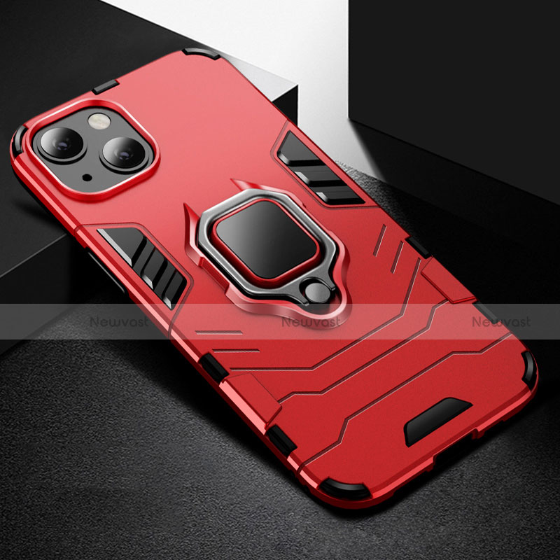 Silicone Matte Finish and Plastic Back Cover Case with Magnetic Finger Ring Stand S03 for Apple iPhone 15 Red