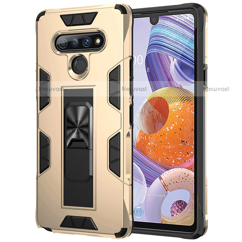 Silicone Matte Finish and Plastic Back Cover Case with Magnetic Finger Ring Stand S03 for LG Stylo 6 Gold