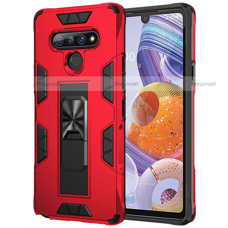 Silicone Matte Finish and Plastic Back Cover Case with Magnetic Finger Ring Stand S03 for LG Stylo 6 Red