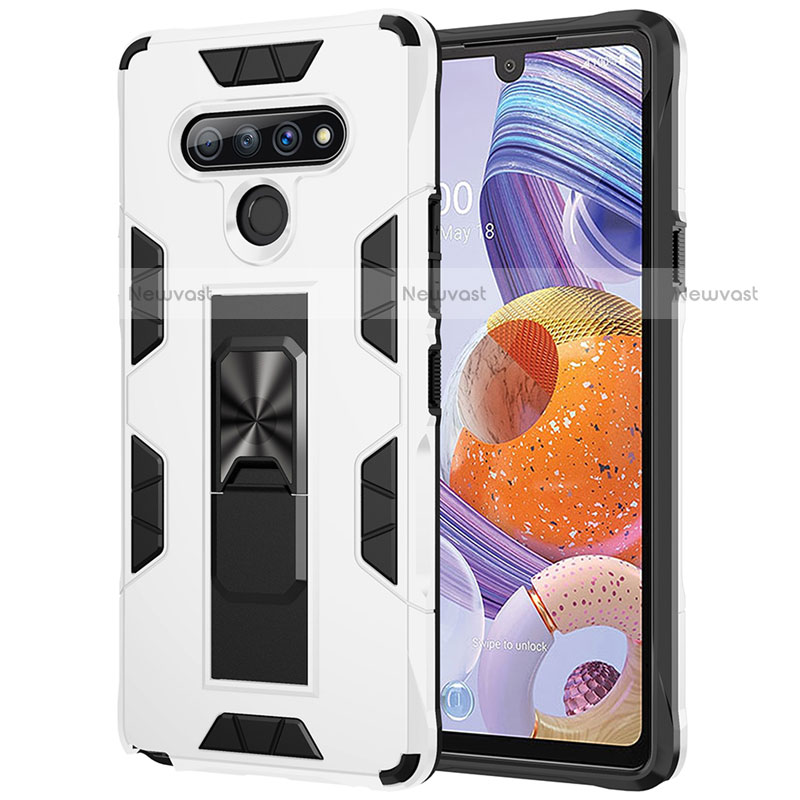 Silicone Matte Finish and Plastic Back Cover Case with Magnetic Finger Ring Stand S03 for LG Stylo 6 White