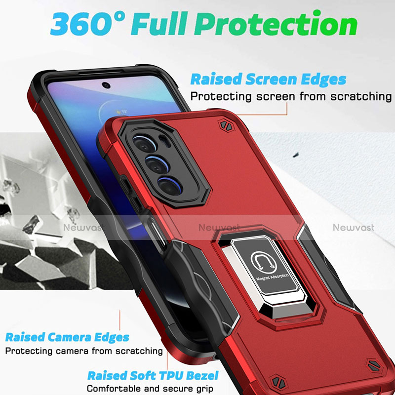 Silicone Matte Finish and Plastic Back Cover Case with Magnetic Finger Ring Stand S03 for Motorola Moto G82 5G