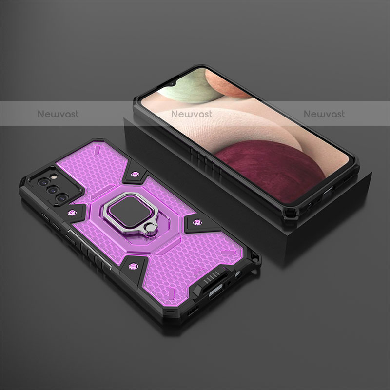 Silicone Matte Finish and Plastic Back Cover Case with Magnetic Finger Ring Stand S03 for Samsung Galaxy A02s Purple