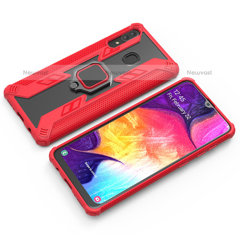 Silicone Matte Finish and Plastic Back Cover Case with Magnetic Finger Ring Stand S03 for Samsung Galaxy A20 Red