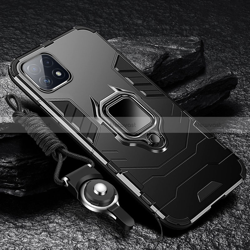 Silicone Matte Finish and Plastic Back Cover Case with Magnetic Finger Ring Stand S03 for Samsung Galaxy A22s 5G Black