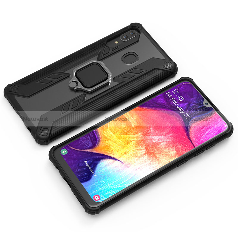 Silicone Matte Finish and Plastic Back Cover Case with Magnetic Finger Ring Stand S03 for Samsung Galaxy A30 Black