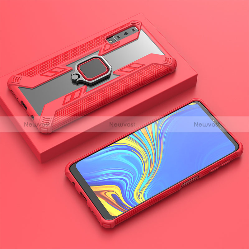 Silicone Matte Finish and Plastic Back Cover Case with Magnetic Finger Ring Stand S03 for Samsung Galaxy A7 (2018) A750