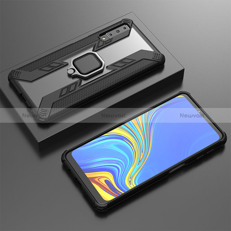 Silicone Matte Finish and Plastic Back Cover Case with Magnetic Finger Ring Stand S03 for Samsung Galaxy A7 (2018) A750
