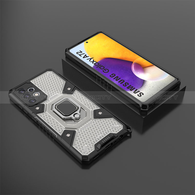 Silicone Matte Finish and Plastic Back Cover Case with Magnetic Finger Ring Stand S03 for Samsung Galaxy A72 4G Black