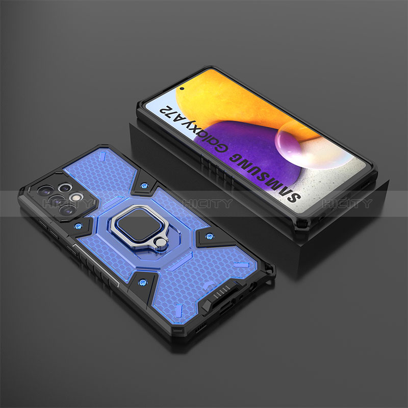 Silicone Matte Finish and Plastic Back Cover Case with Magnetic Finger Ring Stand S03 for Samsung Galaxy A72 4G Blue