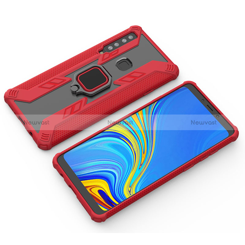 Silicone Matte Finish and Plastic Back Cover Case with Magnetic Finger Ring Stand S03 for Samsung Galaxy A9 Star Pro Red