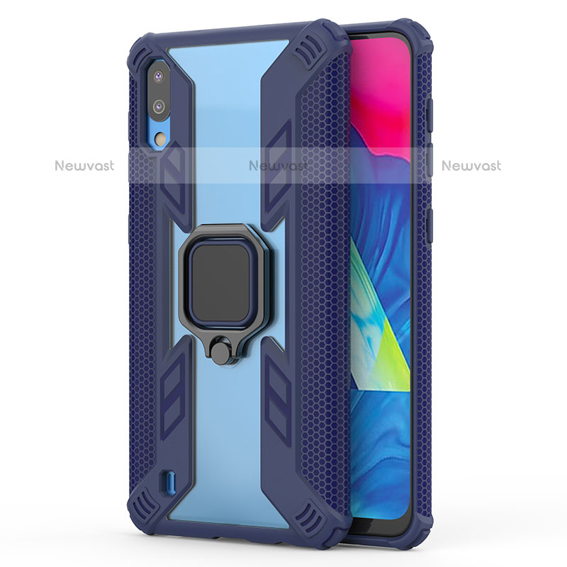 Silicone Matte Finish and Plastic Back Cover Case with Magnetic Finger Ring Stand S03 for Samsung Galaxy M10 Blue
