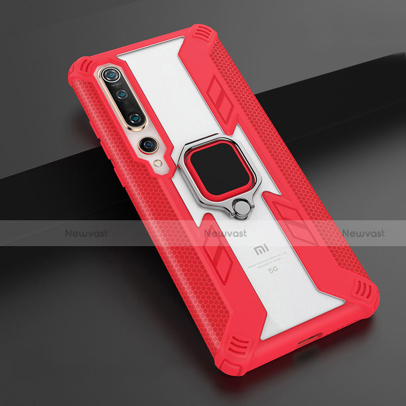 Silicone Matte Finish and Plastic Back Cover Case with Magnetic Finger Ring Stand S03 for Xiaomi Mi 10 Red