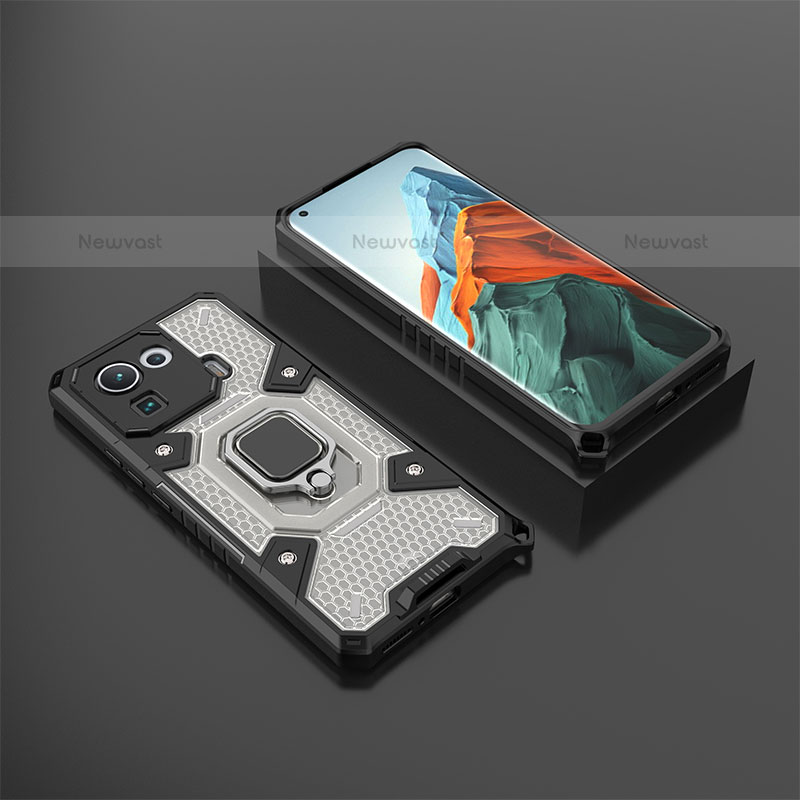 Silicone Matte Finish and Plastic Back Cover Case with Magnetic Finger Ring Stand S03 for Xiaomi Mi 11 Pro 5G Black