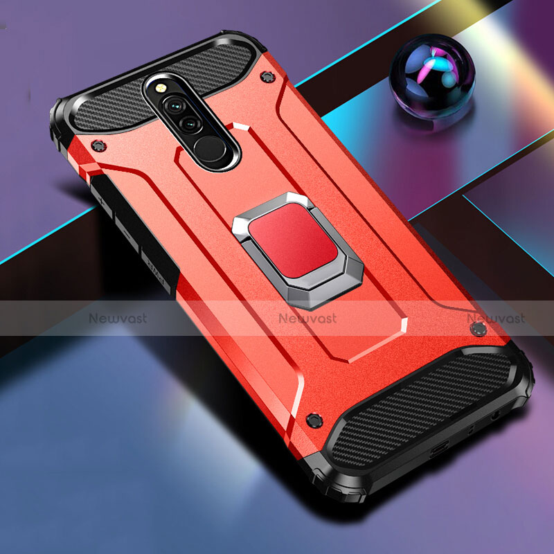 Silicone Matte Finish and Plastic Back Cover Case with Magnetic Finger Ring Stand S03 for Xiaomi Redmi 8 Red