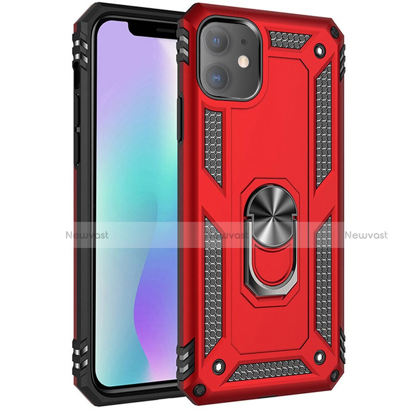 Silicone Matte Finish and Plastic Back Cover Case with Magnetic Finger Ring Stand S04 for Apple iPhone 11 Red