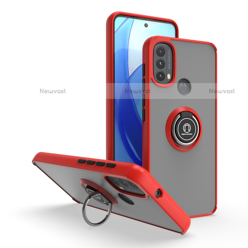 Silicone Matte Finish and Plastic Back Cover Case with Magnetic Finger Ring Stand S04 for Motorola Moto E30 Red