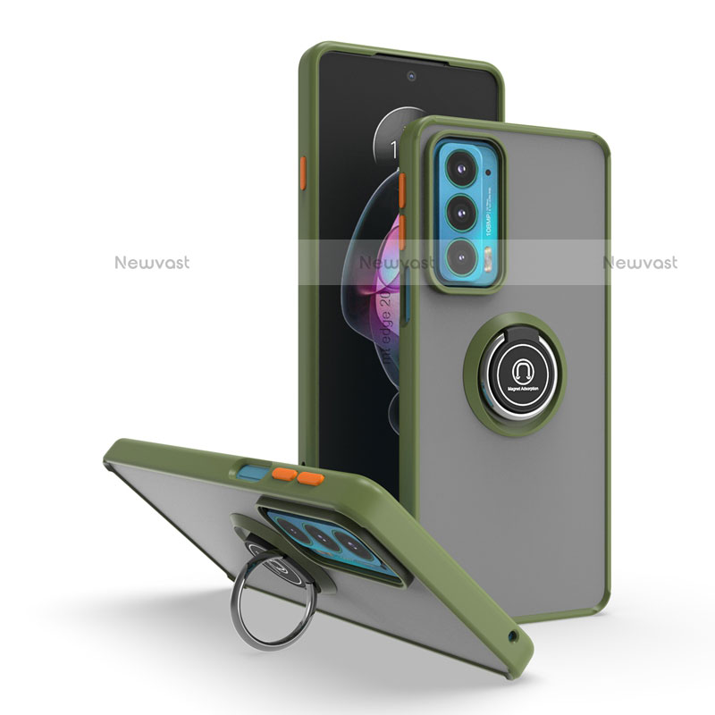 Silicone Matte Finish and Plastic Back Cover Case with Magnetic Finger Ring Stand S04 for Motorola Moto Edge 20 5G Green