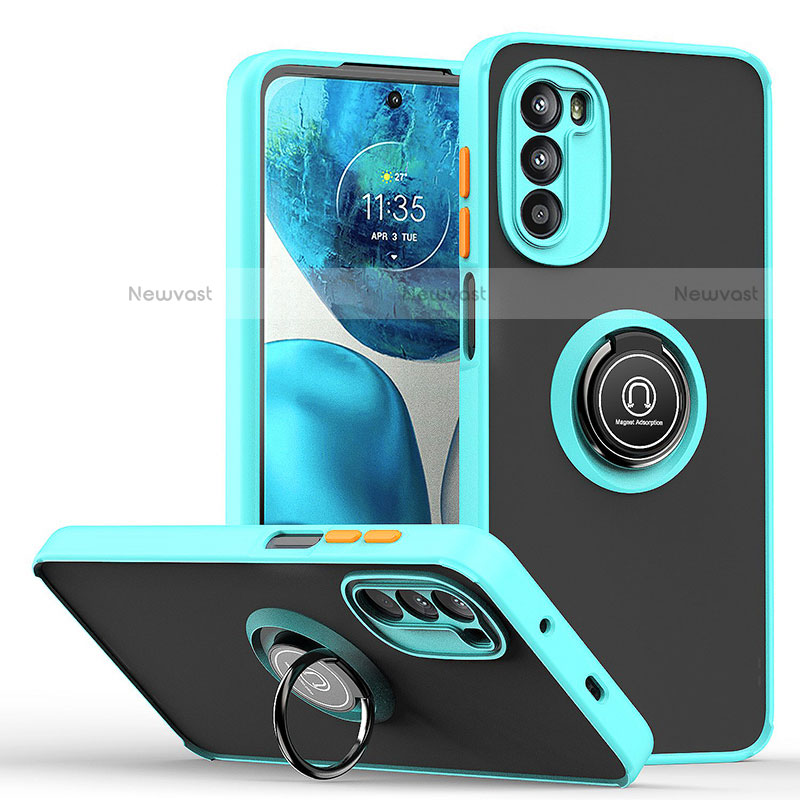 Silicone Matte Finish and Plastic Back Cover Case with Magnetic Finger Ring Stand S04 for Motorola Moto Edge (2022) 5G Cyan