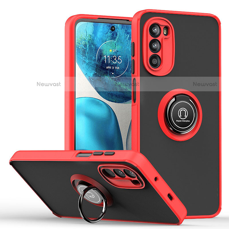 Silicone Matte Finish and Plastic Back Cover Case with Magnetic Finger Ring Stand S04 for Motorola Moto Edge (2022) 5G Red