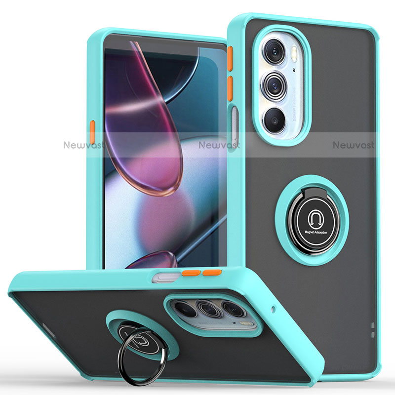 Silicone Matte Finish and Plastic Back Cover Case with Magnetic Finger Ring Stand S04 for Motorola Moto Edge 30 Pro 5G Cyan