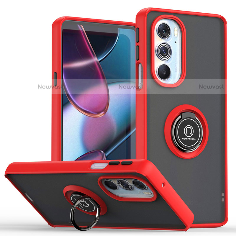 Silicone Matte Finish and Plastic Back Cover Case with Magnetic Finger Ring Stand S04 for Motorola Moto Edge 30 Pro 5G Red