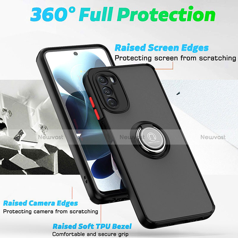 Silicone Matte Finish and Plastic Back Cover Case with Magnetic Finger Ring Stand S04 for Motorola Moto G 5G (2022)