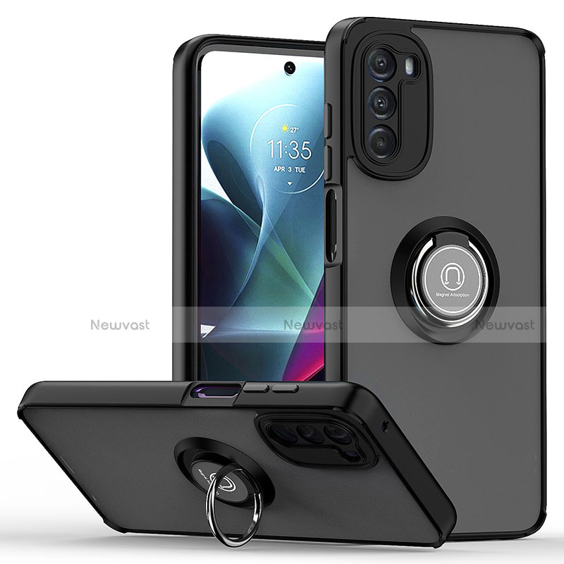 Silicone Matte Finish and Plastic Back Cover Case with Magnetic Finger Ring Stand S04 for Motorola Moto G 5G (2022)