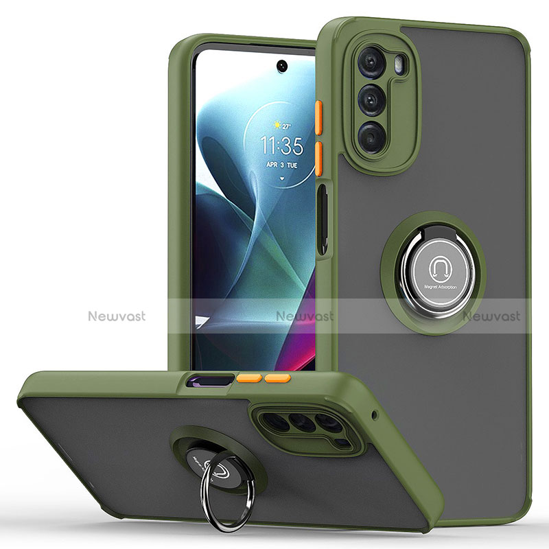 Silicone Matte Finish and Plastic Back Cover Case with Magnetic Finger Ring Stand S04 for Motorola Moto G 5G (2022) Green