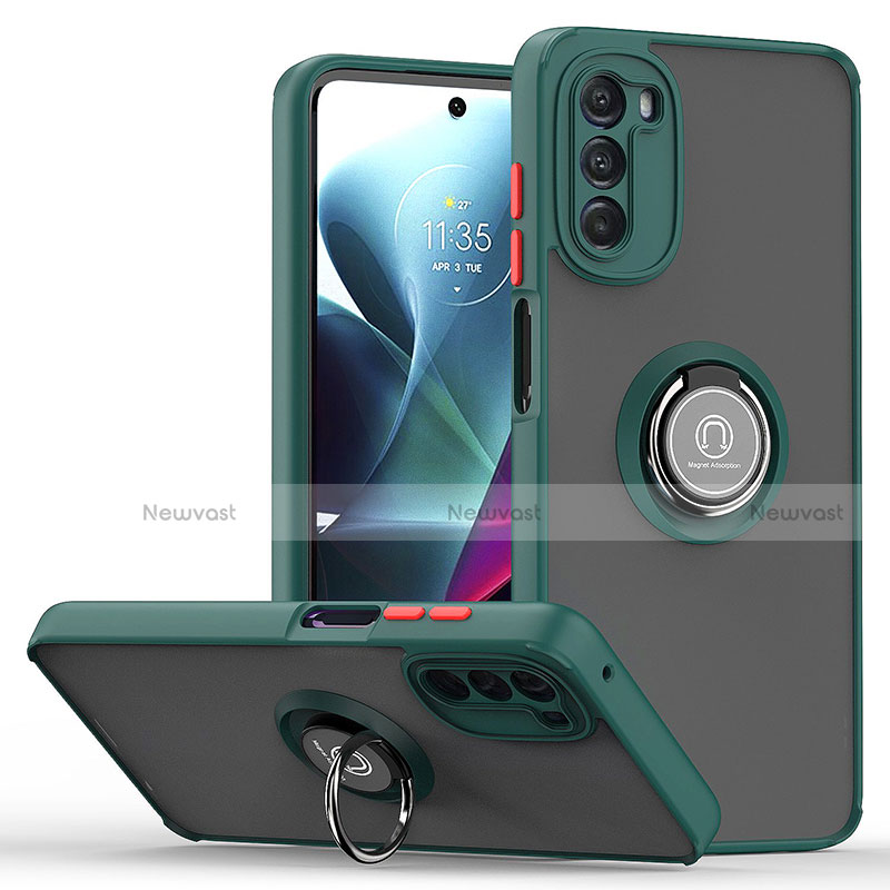 Silicone Matte Finish and Plastic Back Cover Case with Magnetic Finger Ring Stand S04 for Motorola Moto G 5G (2022) Midnight Green