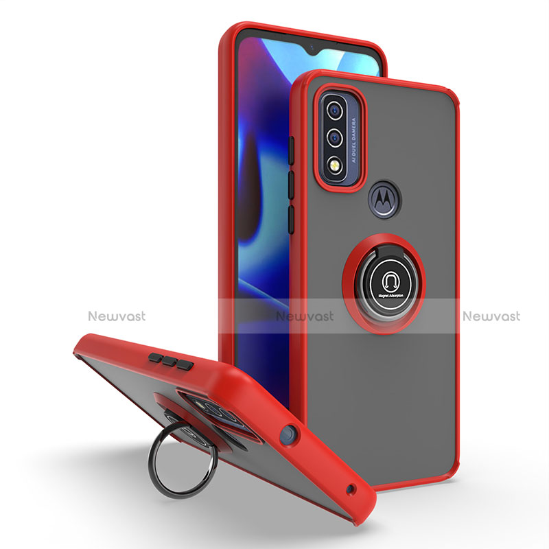 Silicone Matte Finish and Plastic Back Cover Case with Magnetic Finger Ring Stand S04 for Motorola Moto G Pure Red