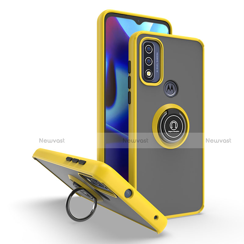 Silicone Matte Finish and Plastic Back Cover Case with Magnetic Finger Ring Stand S04 for Motorola Moto G Pure Yellow