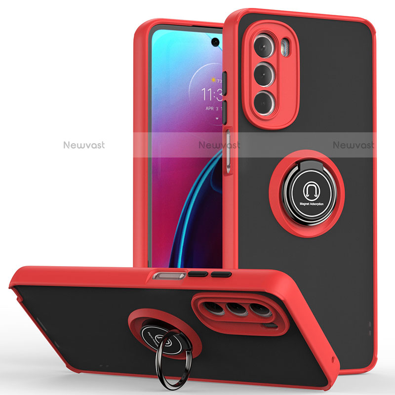 Silicone Matte Finish and Plastic Back Cover Case with Magnetic Finger Ring Stand S04 for Motorola Moto G Stylus (2022) 4G Red