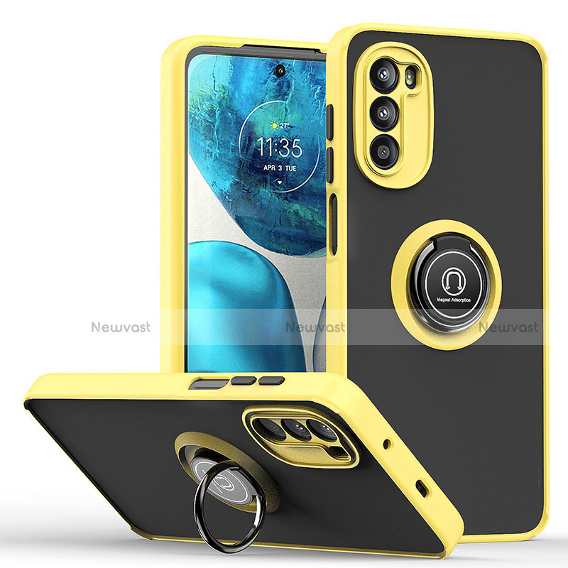 Silicone Matte Finish and Plastic Back Cover Case with Magnetic Finger Ring Stand S04 for Motorola Moto G71s 5G Yellow