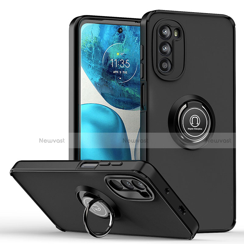 Silicone Matte Finish and Plastic Back Cover Case with Magnetic Finger Ring Stand S04 for Motorola Moto G82 5G Black