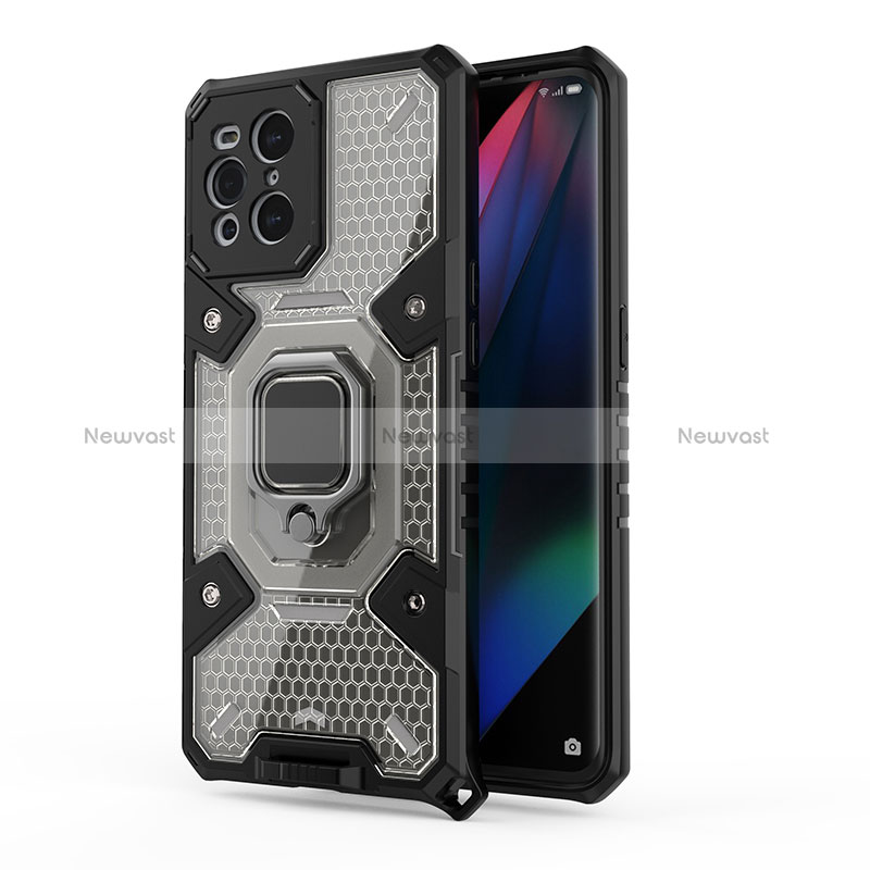 Silicone Matte Finish and Plastic Back Cover Case with Magnetic Finger Ring Stand S04 for Oppo Find X3 5G Black