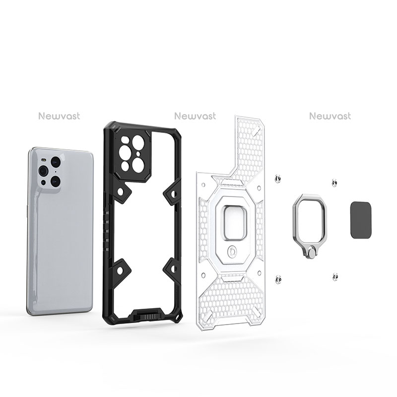 Silicone Matte Finish and Plastic Back Cover Case with Magnetic Finger Ring Stand S04 for Oppo Find X3 Pro 5G