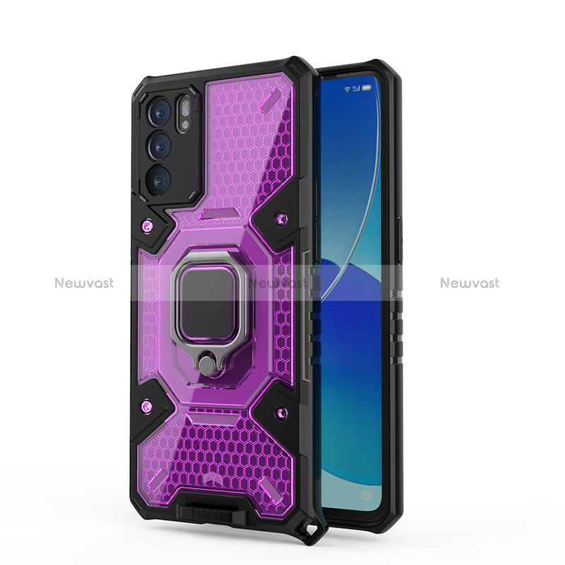 Silicone Matte Finish and Plastic Back Cover Case with Magnetic Finger Ring Stand S04 for Oppo Reno6 5G