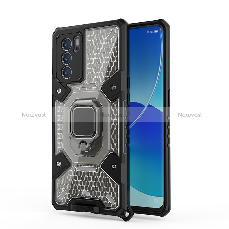 Silicone Matte Finish and Plastic Back Cover Case with Magnetic Finger Ring Stand S04 for Oppo Reno6 Pro 5G India Gray