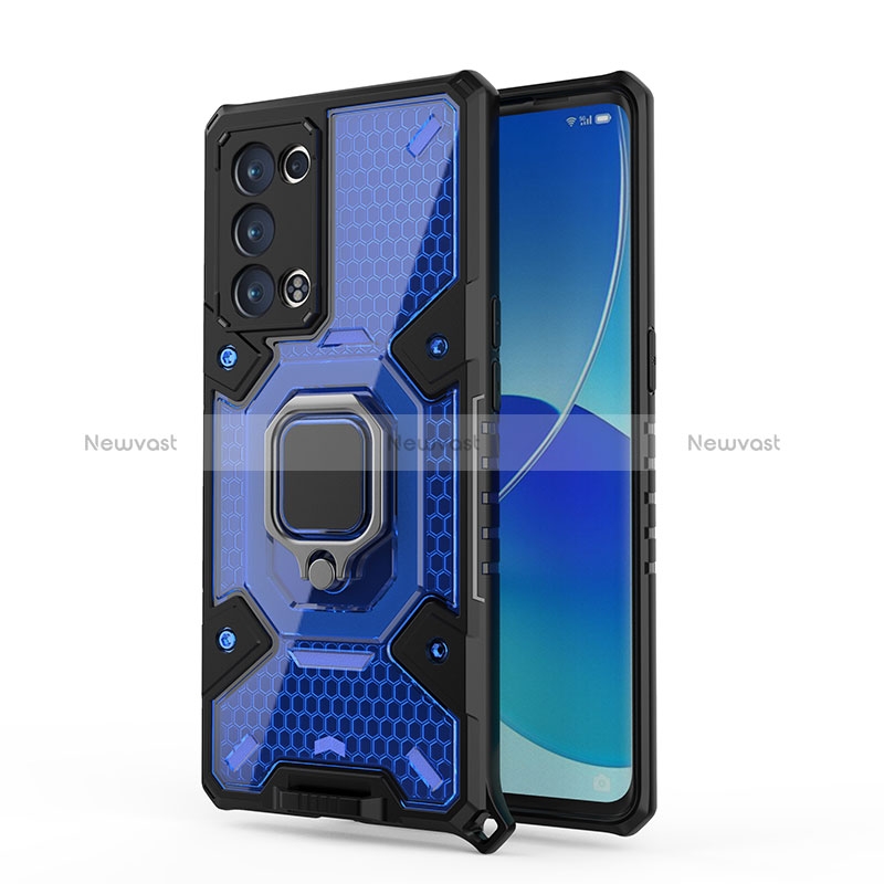 Silicone Matte Finish and Plastic Back Cover Case with Magnetic Finger Ring Stand S04 for Oppo Reno6 Pro+ Plus 5G Blue