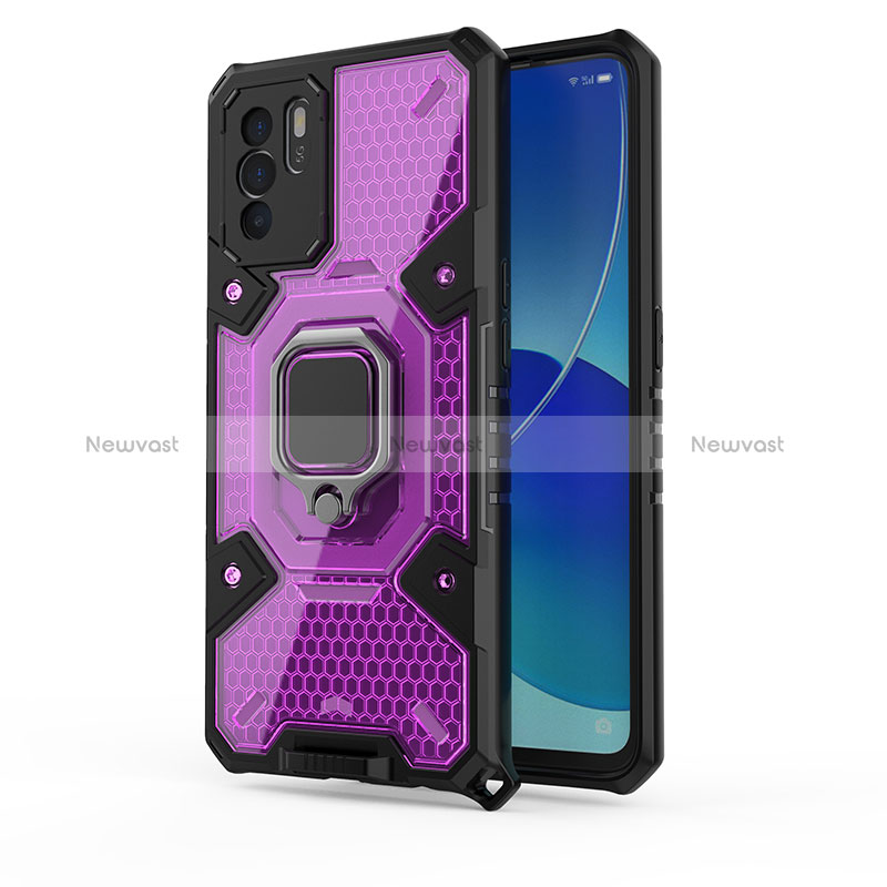 Silicone Matte Finish and Plastic Back Cover Case with Magnetic Finger Ring Stand S04 for Oppo Reno6 Z 5G Purple