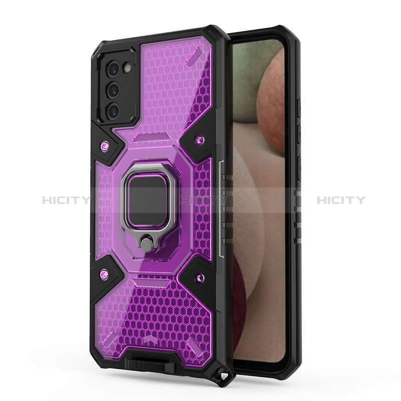 Silicone Matte Finish and Plastic Back Cover Case with Magnetic Finger Ring Stand S04 for Samsung Galaxy A03s Purple