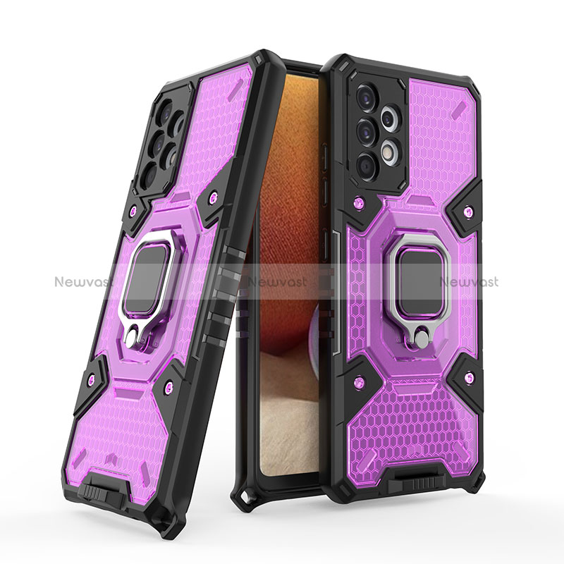 Silicone Matte Finish and Plastic Back Cover Case with Magnetic Finger Ring Stand S04 for Samsung Galaxy A32 4G Purple