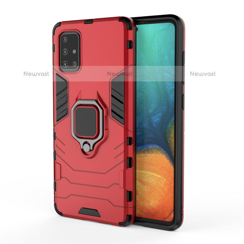 Silicone Matte Finish and Plastic Back Cover Case with Magnetic Finger Ring Stand S04 for Samsung Galaxy A71 4G A715 Red